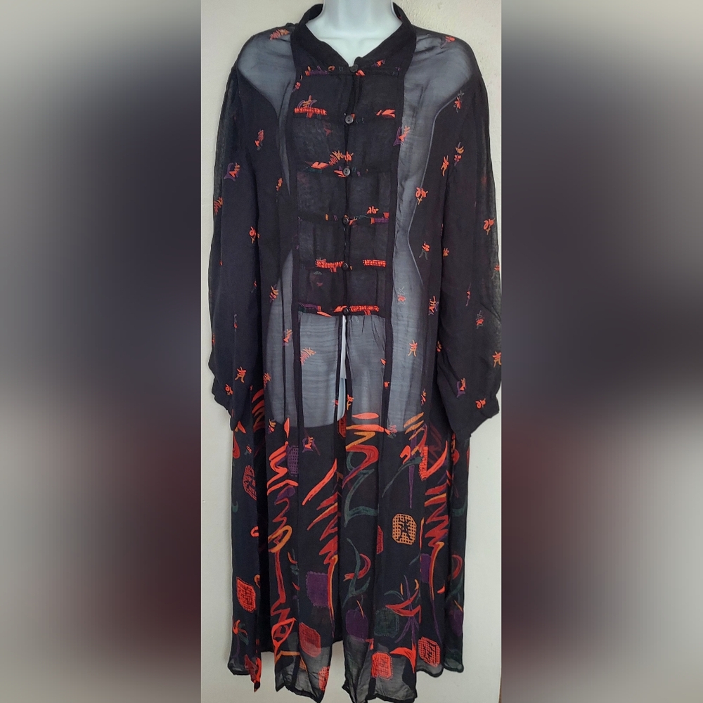 PHOOL Sheer Black Chiffon Button-Down Dress Duster Boho Abstract 90's VT…